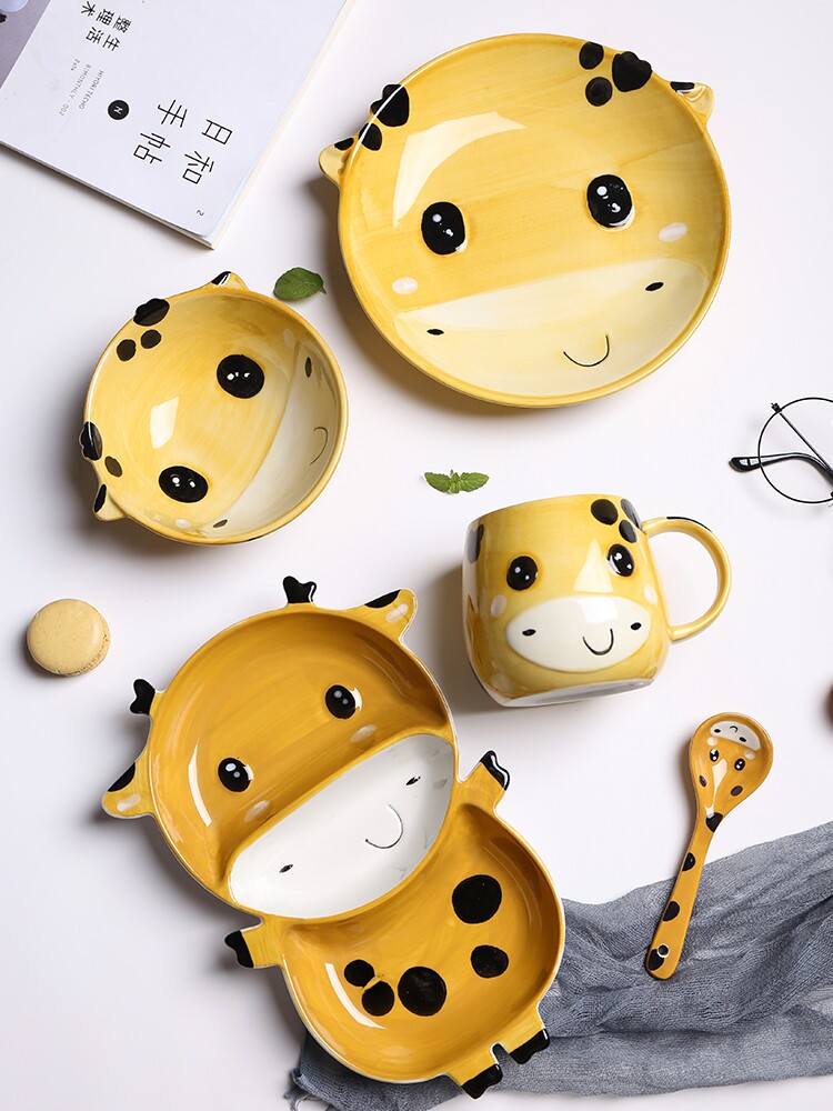 yzjs可爱动物造型儿童陶瓷餐具套装宝宝吃饭碗