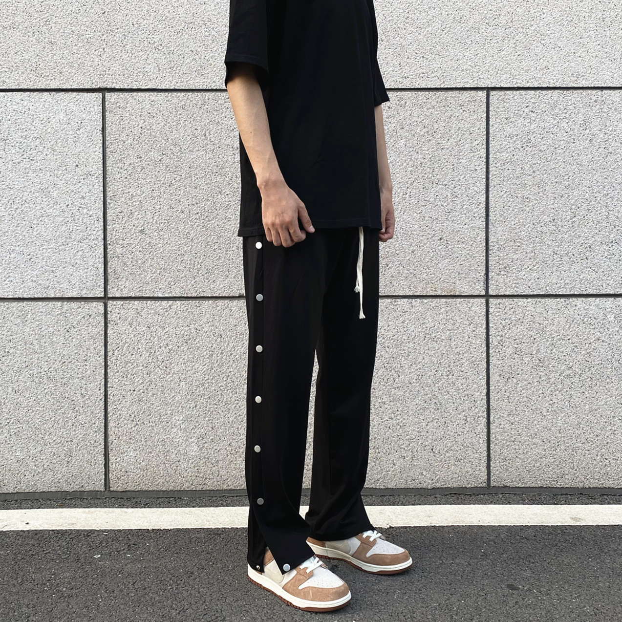 CEZPHISON弹力直筒排扣裤开叉休闲长裤宽松高街卫裤秋运动裤子男