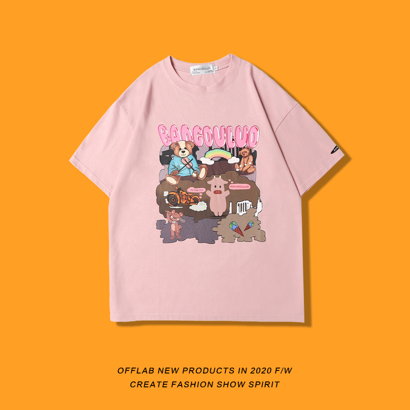 OFFLAB潮牌卡通印花情侣短袖t恤男宽松女半袖夏季情侣装体恤上衣