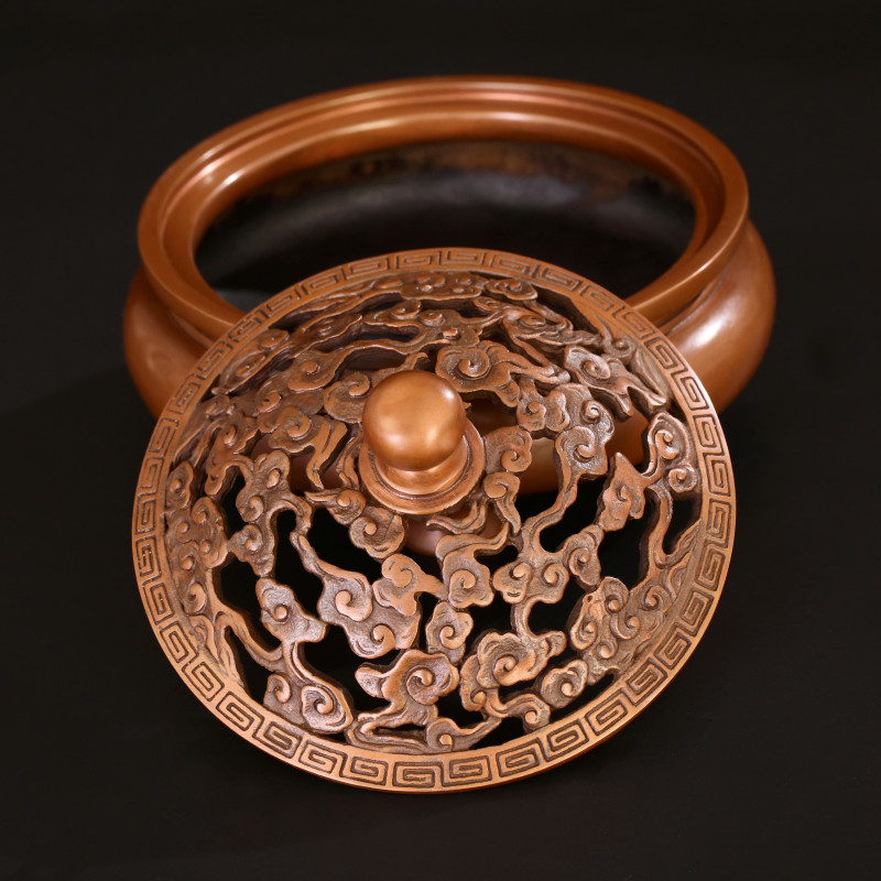 徽匠铜韵纯紫紫铜手工云纹盖熏香炉家居香道摆件