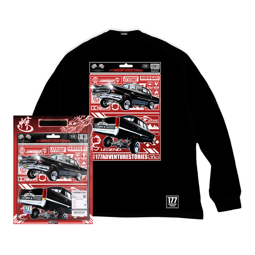 177的冒险故事红旗跳跳车秋季原创纯棉国潮嘻哈宽松印花圆领长袖