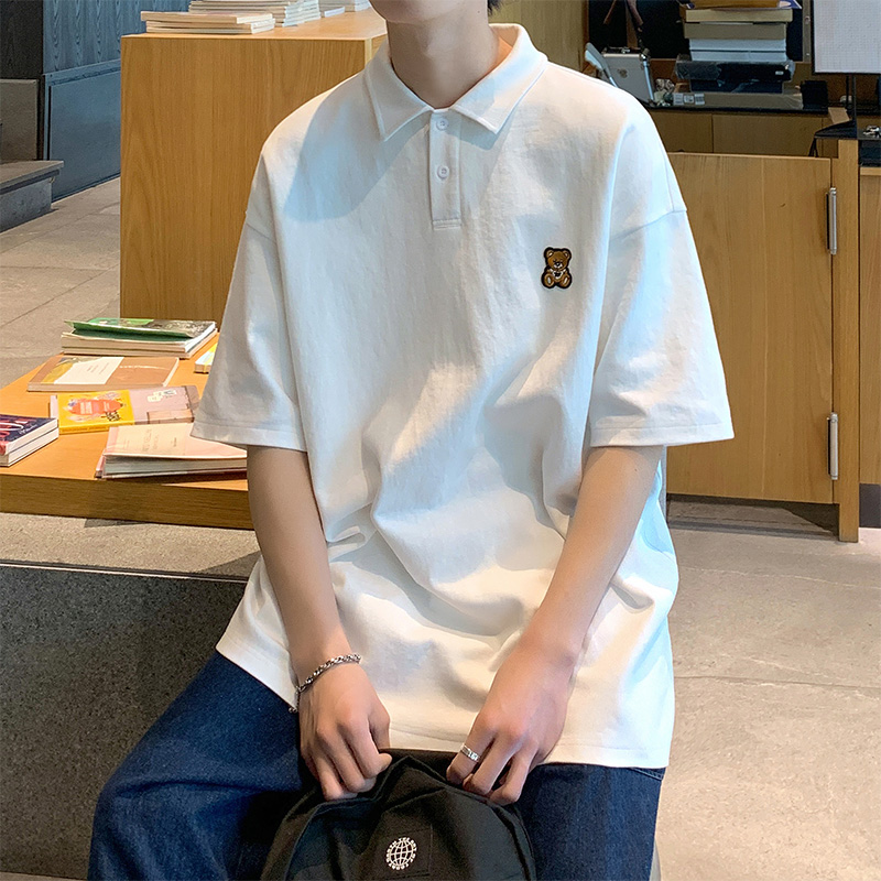 小熊刺绣POLO衫男短袖T恤港风翻领男生半袖情侣装夏装五分袖体恤