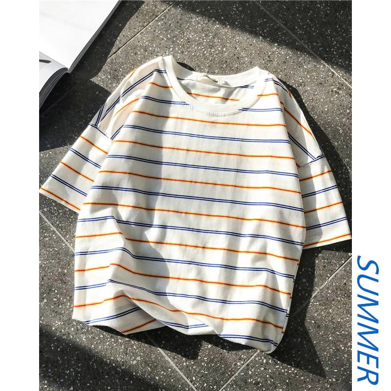 短袖T恤男ins潮上衣服韩版宽松网红潮牌个性时尚条纹日系bf五分袖