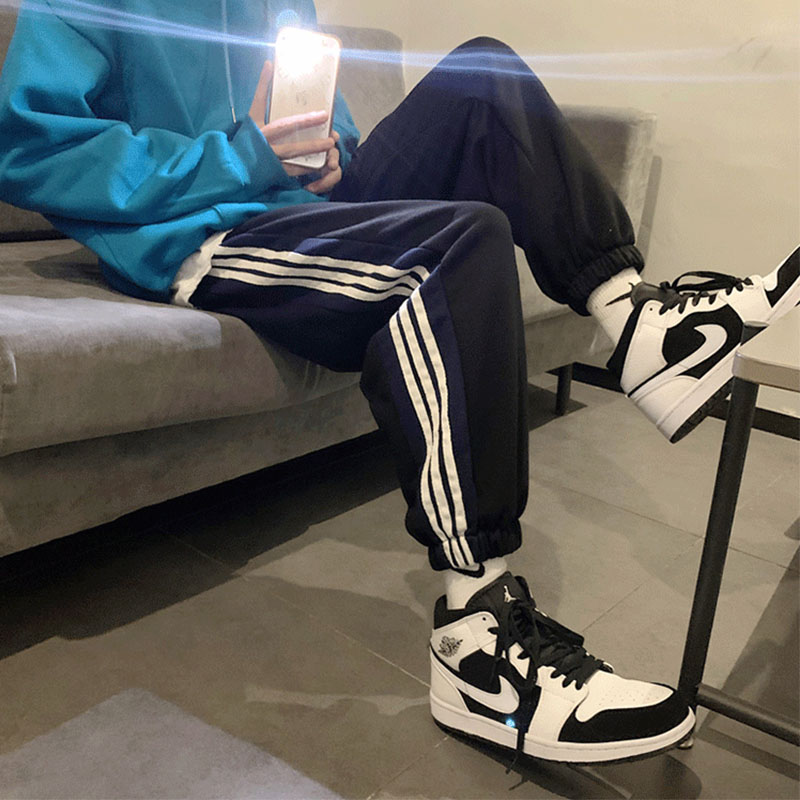 裤子男夏季韩版潮流宽松束脚九分休闲裤潮牌百搭灰色运动卫裤条纹