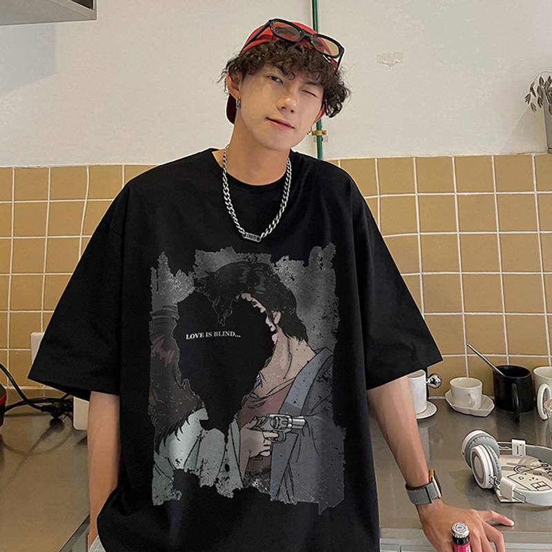 美式街头风短袖t恤男宽松港风百搭夏季半袖衣服潮牌ins五分袖体恤