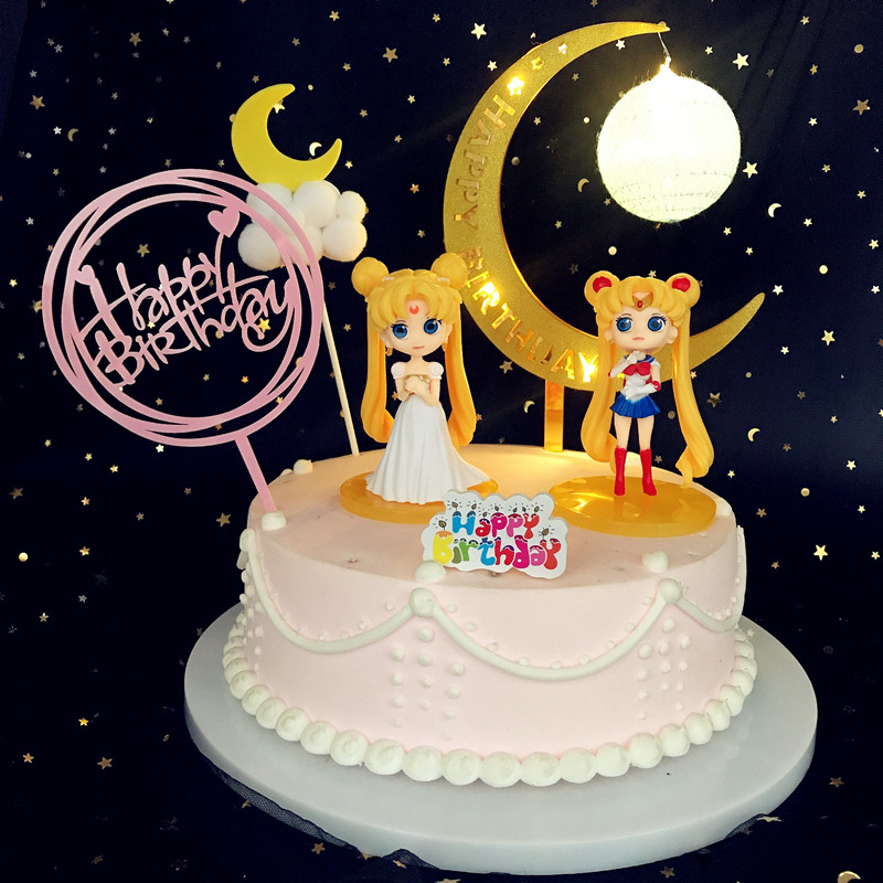 发光月亮蛋糕装饰摆件月牙亚克力星空烘焙生日节日装扮用品