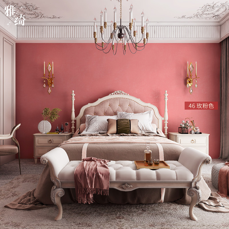 天丝丝绒女孩公主粉色壁布现代简约红色儿童卧室无缝墙布