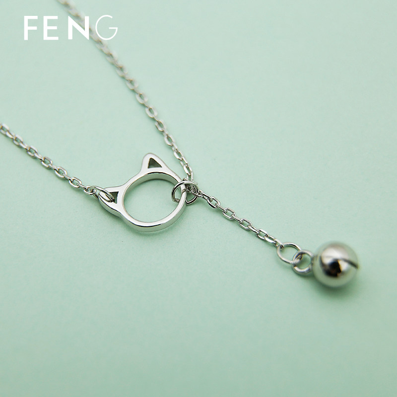 猫咪铃铛项链s925纯银白金短款锁骨抖音网红项链