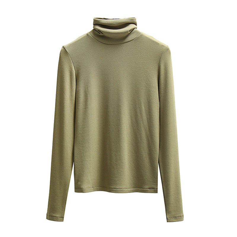 高领磨毛长袖打底衫女秋冬加绒内搭修身黑白色堆堆领针织t恤上衣