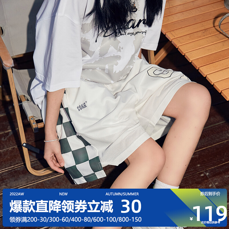 COAR棋盘格拼接短裤抽绳运动裤情侣国潮夏季五分裤宽松休闲男女