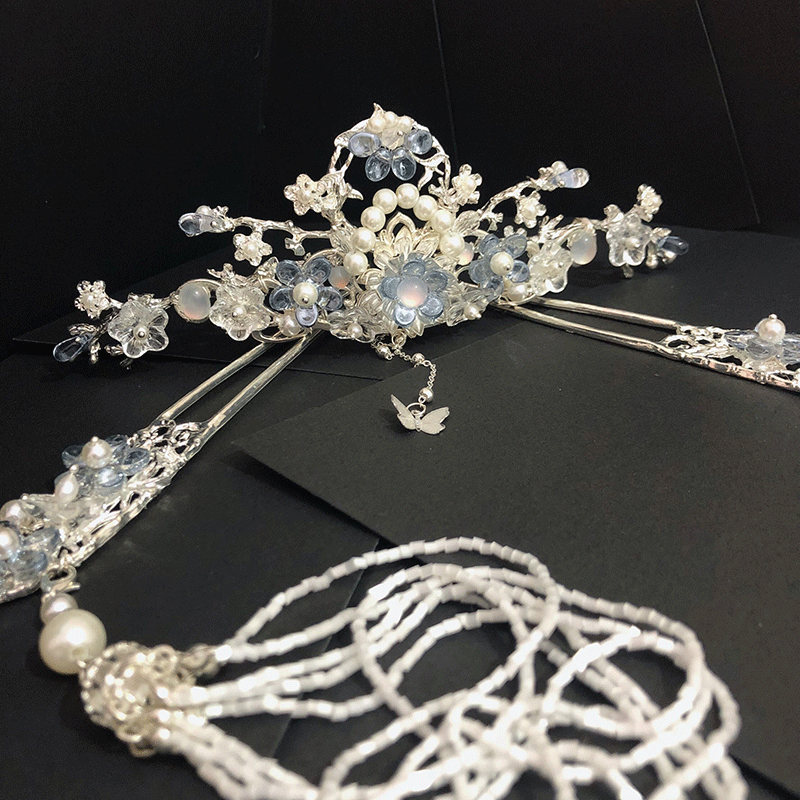 青柠原创【花熙梦】手工汉服发饰古风琉璃珠发冠流苏步摇套装头饰￥73