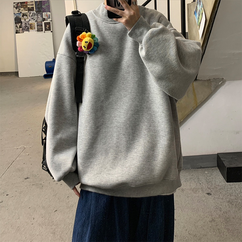 灰色圆领卫衣男加绒加厚冬季无帽ins衣服潮流宽松百搭春秋外套男