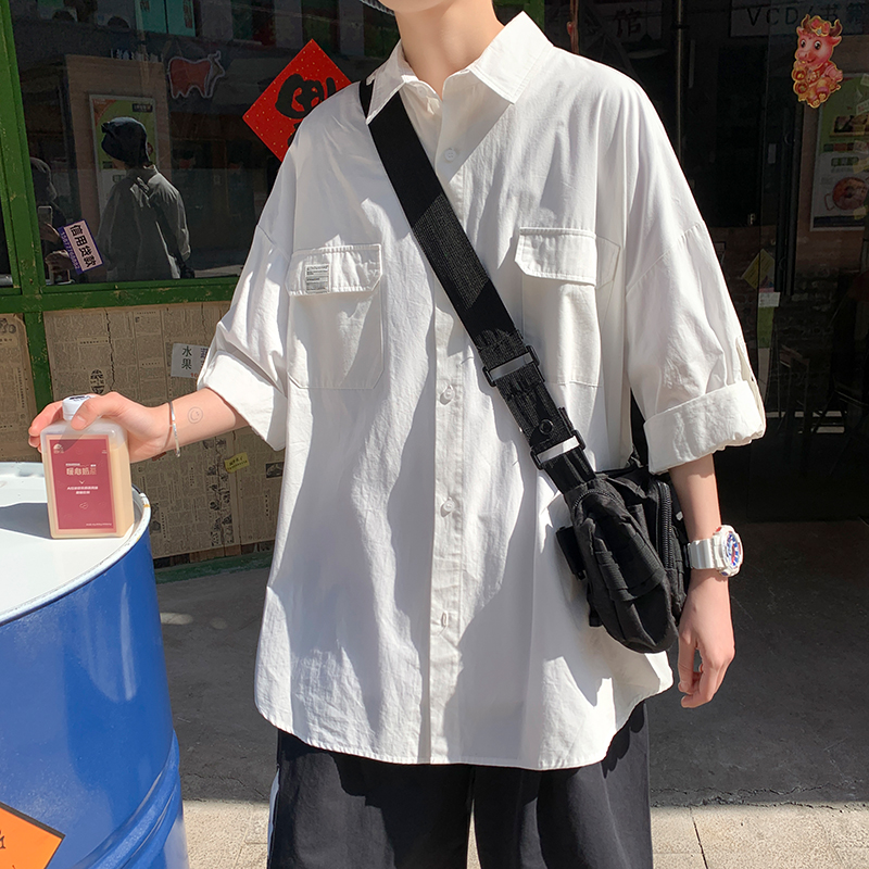 工装衬衫男短袖潮牌ins夏季衬衣港风日系外套设计感小众痞帅衣服