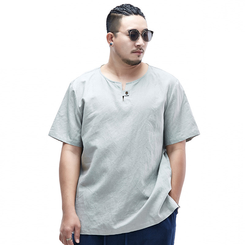 半墨亚麻t恤男宽松中国风男装加肥加大胖子大码男t棉麻体恤上衣
