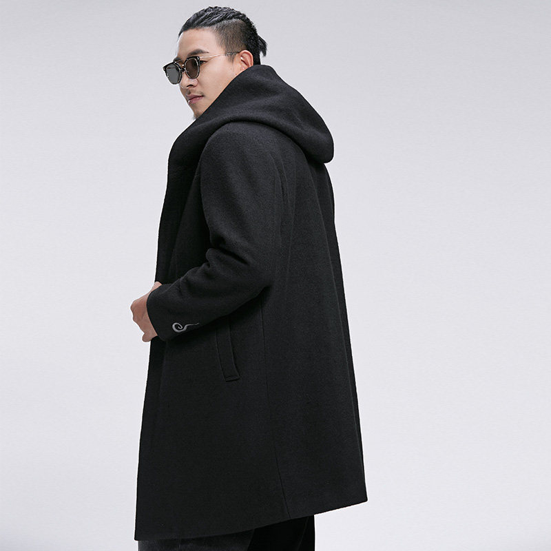 半墨大码中国国风男装中长毛呢大衣宽松撞色连毛呢大衣