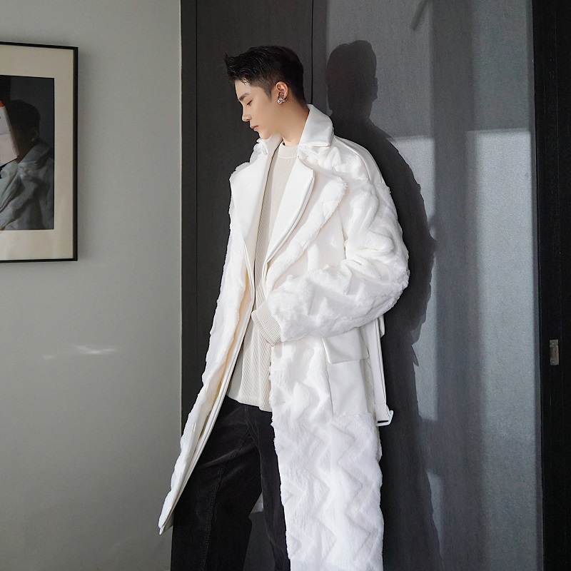 冬季皮领水貂毛拼接大衣个性条纹痞帅中长款过膝袄子加厚保暖棉服