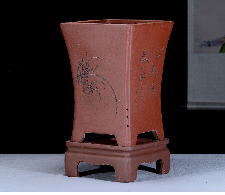 花盆精品紫砂兰花君子兰六方兰草特大号手工刻绘花盆