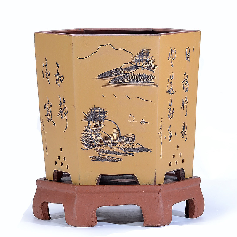 花盆精品紫砂兰花君子兰六方兰草特大号手工刻绘花盆