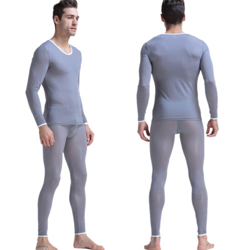 冰丝透明秋裤秋衣圆领低腰性感透明性弹力超薄保暖套装