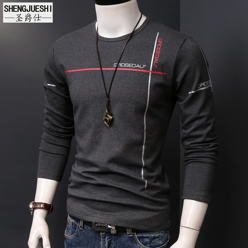 圣爵仕男士长袖t恤圆领新款秋季打底衫男装加绒加厚潮体恤秋衣服
