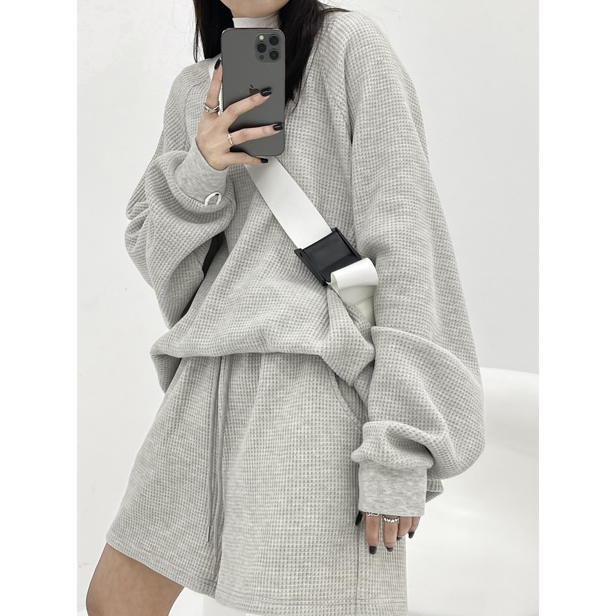 THELIGHT 华夫格套装短袖T恤女运动休闲纯色短裤宽松圆领卫衣秋新