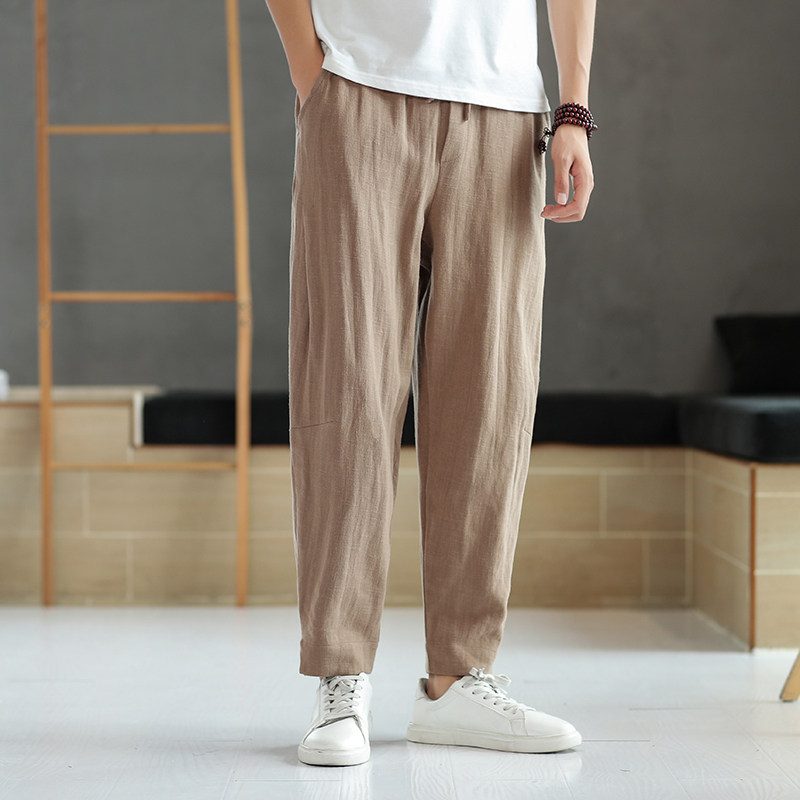 中国风夏季薄款亚麻裤男宽松大码阔腿裤复古苎麻料休闲裤子棉麻裤