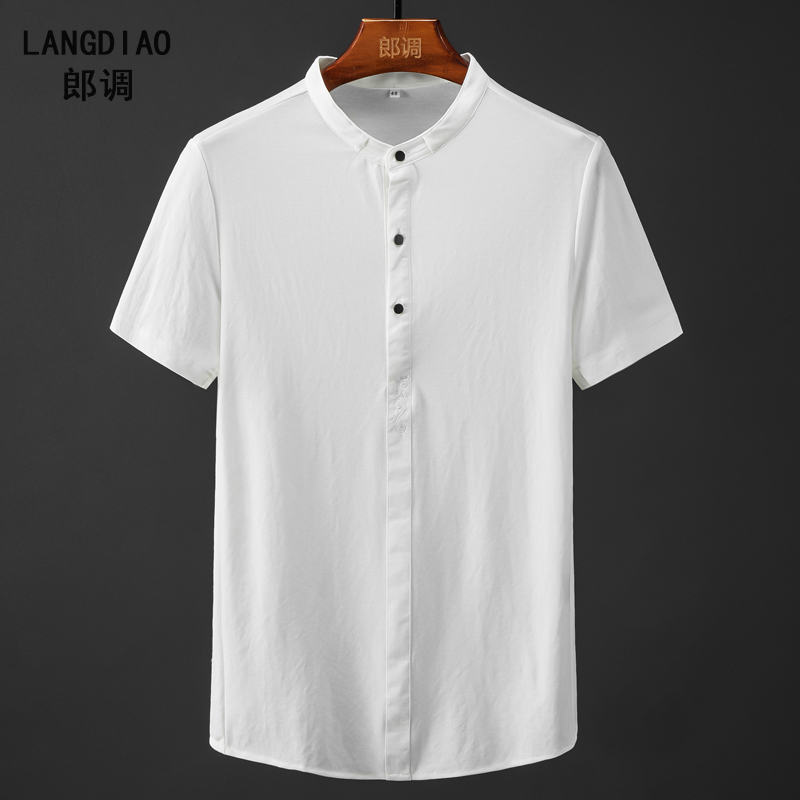 冰丝小立领短袖T恤男2022夏季纯色半开襟简约丝滑时尚半袖上衣