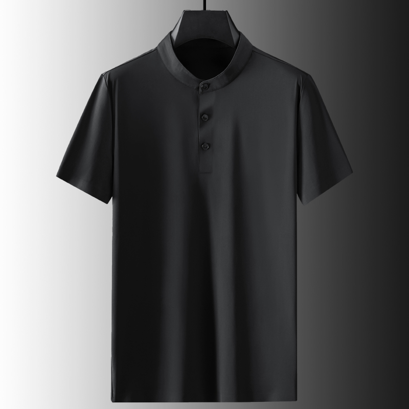 轻奢丝滑立领短袖T恤男夏纯色百搭宽松休闲胖子大码显瘦冰丝上衣