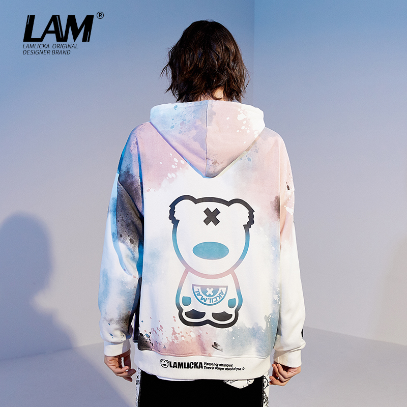 熊猫渐变扎染套头帽衫男潮牌2021年春秋新款嘻哈宽松情侣连帽卫衣