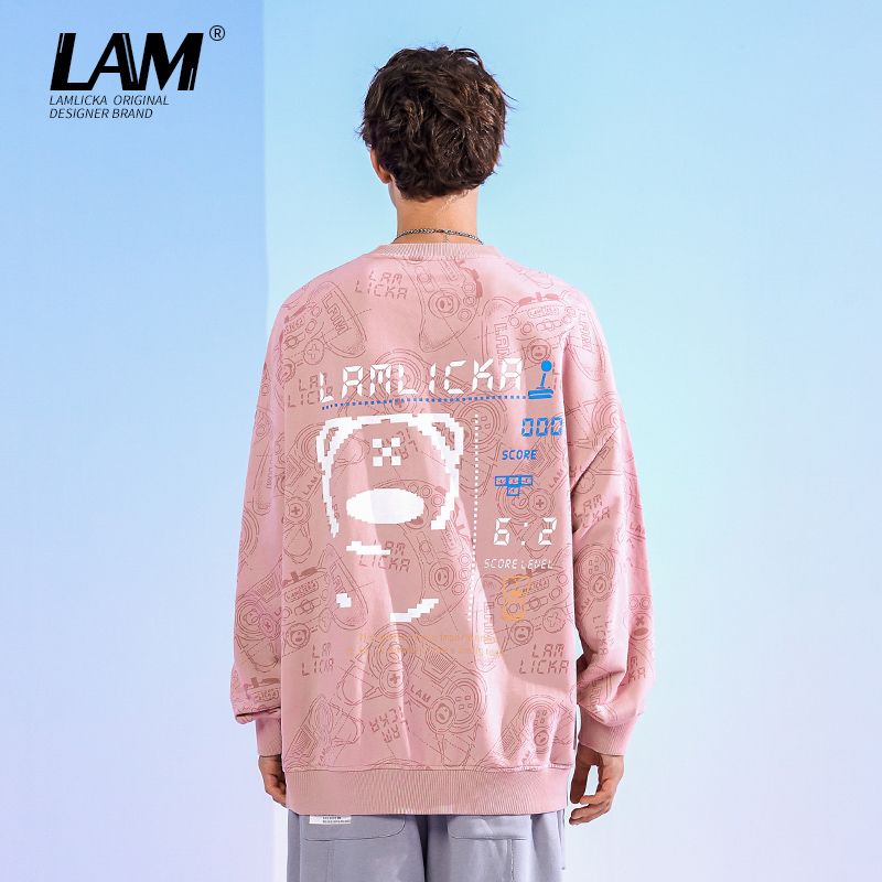 LAMLICKA秋冬季小恶魔涂鸦印花圆领潮牌男粉色情侣加绒款宽松卫衣