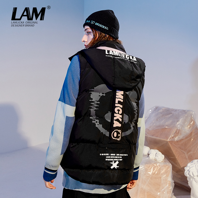 冬季小恶魔印花机能工装马甲棉服男潮牌宽松情侣加厚背心马夹外套