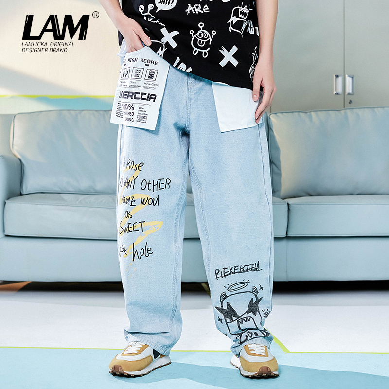 小怪兽字母印花撞色贴布牛仔裤男秋季潮牌直筒宽松浅色休闲长裤女