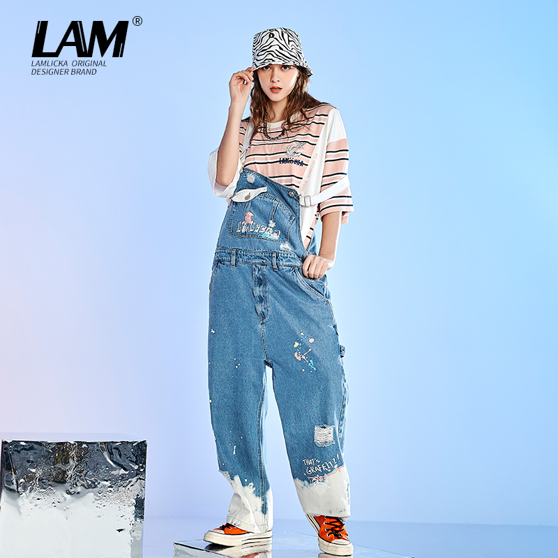LAMLICKA浅蓝色扎染工装牛仔背带裤男潮牌宽松街头嘻哈直筒休闲裤