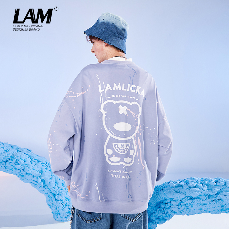 LAMLICKA小恶魔泼墨印花紫色圆领卫衣男潮牌宽松百搭情侣套头长袖