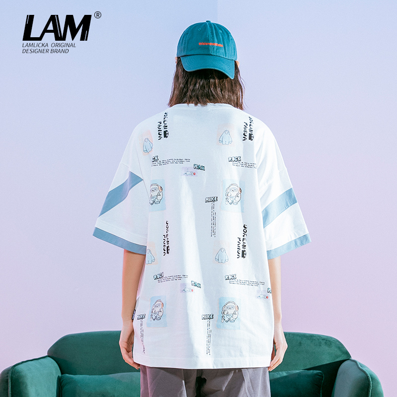 LAMLICKA×音乐熊猫联名款涂鸦短袖t恤男潮oversize情侣纯棉短袖