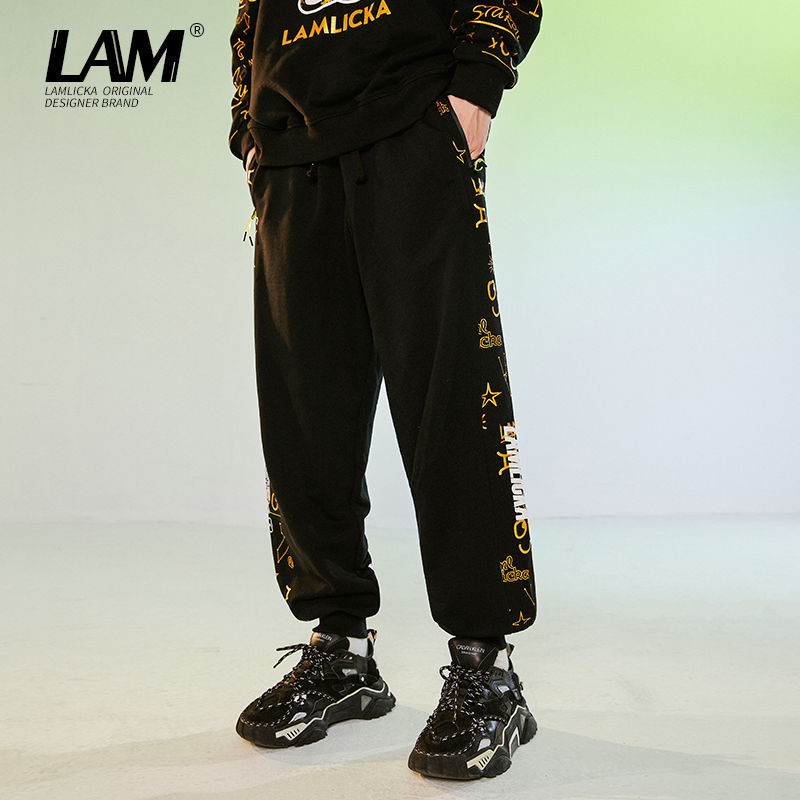 春秋季烫金熊猫印花休闲裤男潮牌宽松情侣2021年新款运动收口卫裤