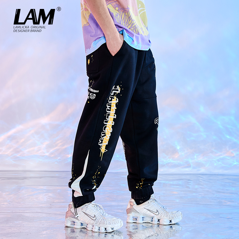 春秋季烫金熊猫印花束脚休闲裤男2021年新款潮牌宽松情侣针织卫裤