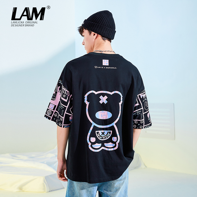 LAMLICKA小恶魔熊猫拼接圆领短袖T恤男潮牌ins新款休闲情侣半袖