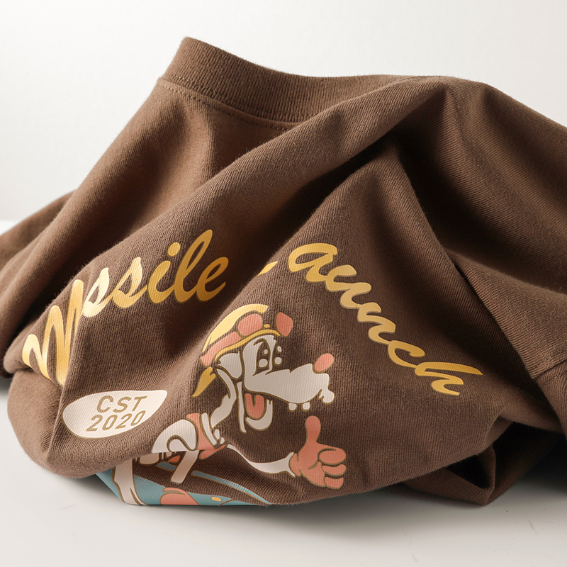 松茸色 270g新疆棉重磅自制趣味国潮印花T恤 美式复古纯棉短袖夏