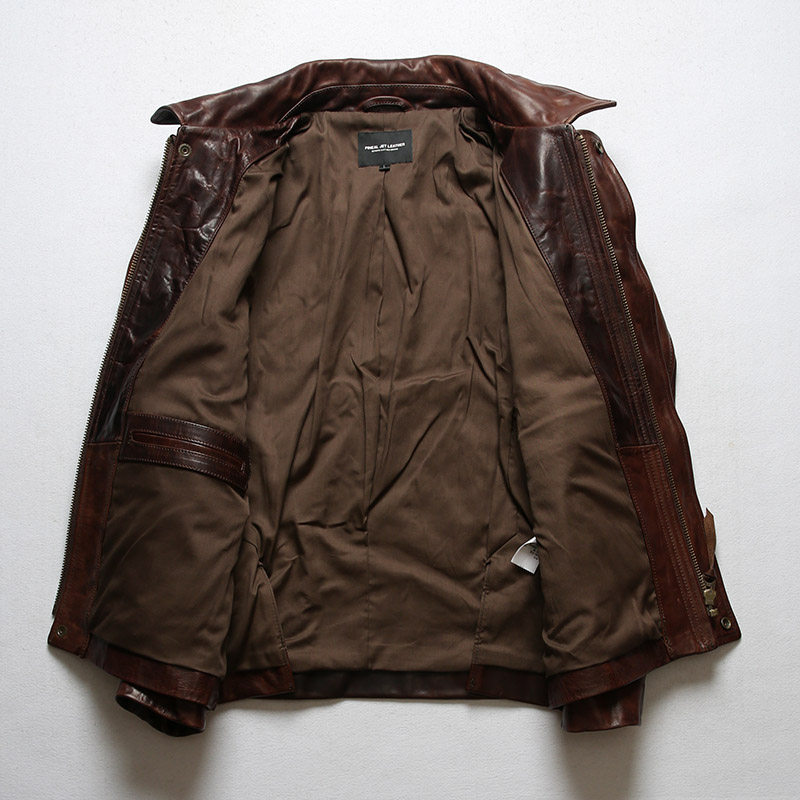 夺宝奇兵蜡染头层马皮复古翻领修身短款机车皮夹克皮衣