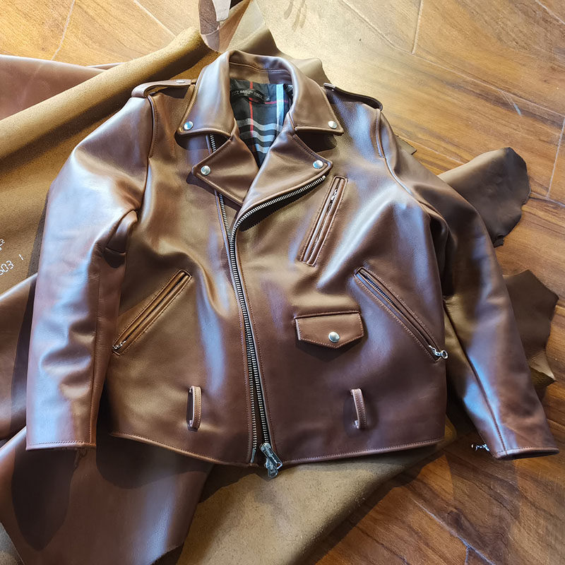j24哈雷机车皮夹克霍尔文头层牛皮斜拉拉链修身皮衣