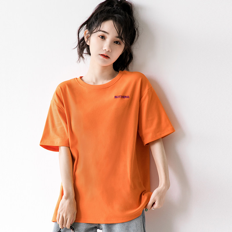 2020夏季新款橘色t恤女短袖纯棉体恤bf宽松百搭ins潮橙色学生上衣