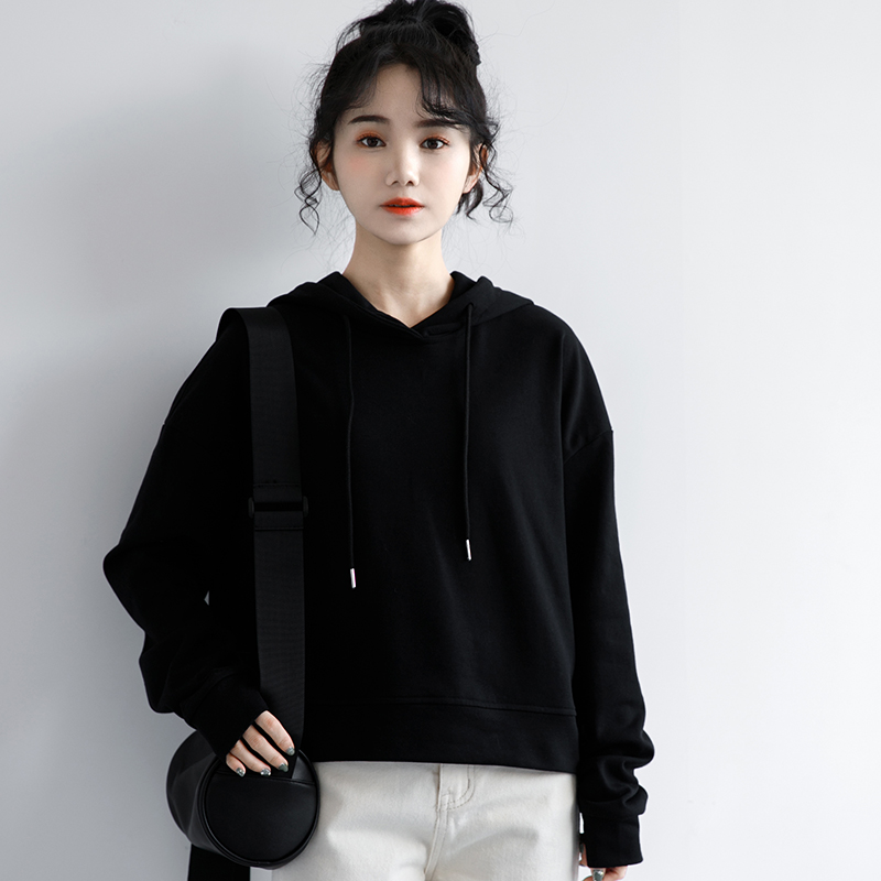 2021春季新款黑色短款卫衣女宽松连帽薄款小个子卫衣