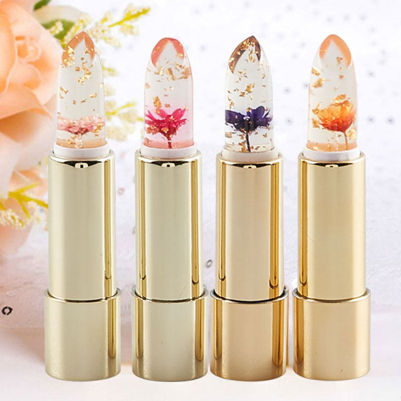 凯莉聚美滋润保湿透明变色果冻口红kailijumei金箔真花朵唇膏正品
