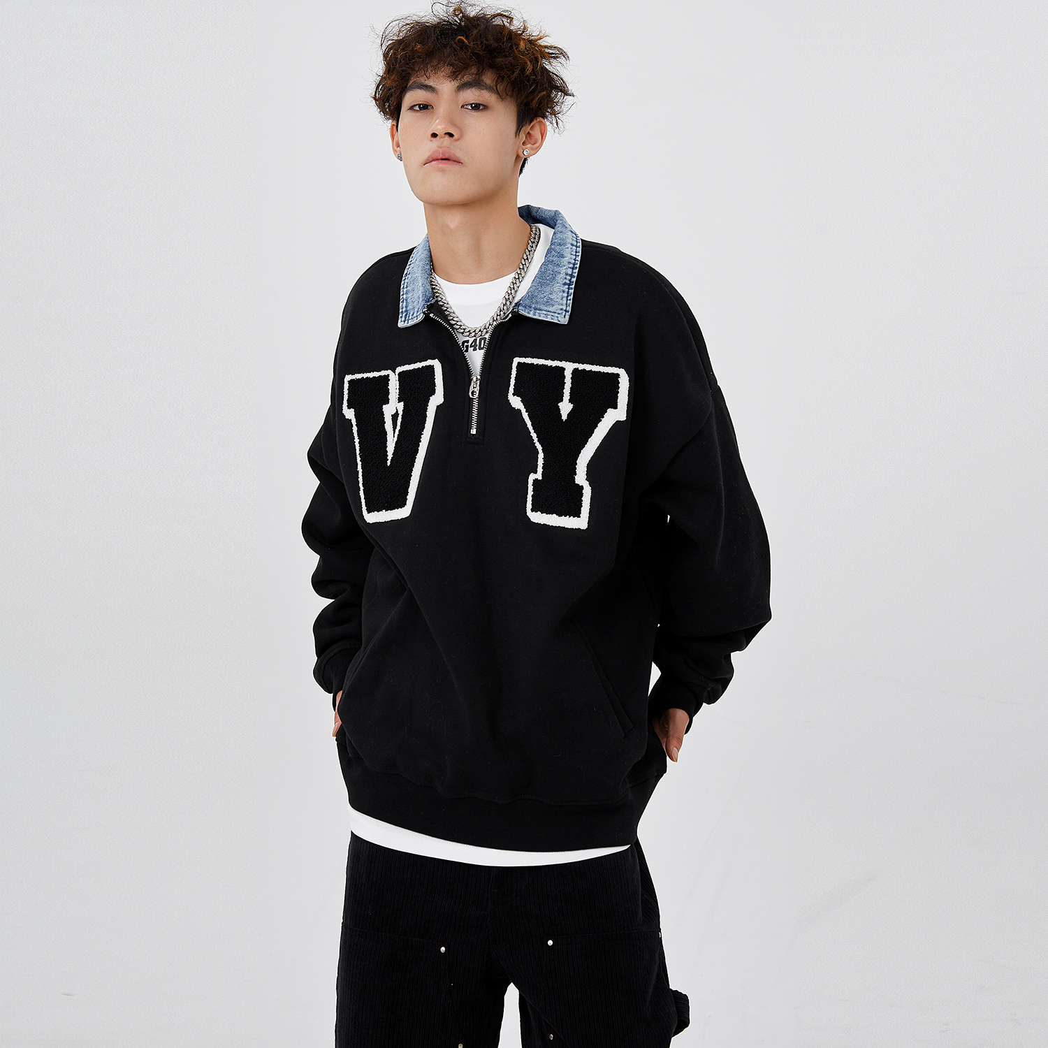 0123Start 美式复古半拉链牛仔翻领卫衣男女VY潮牌polo领套头上衣