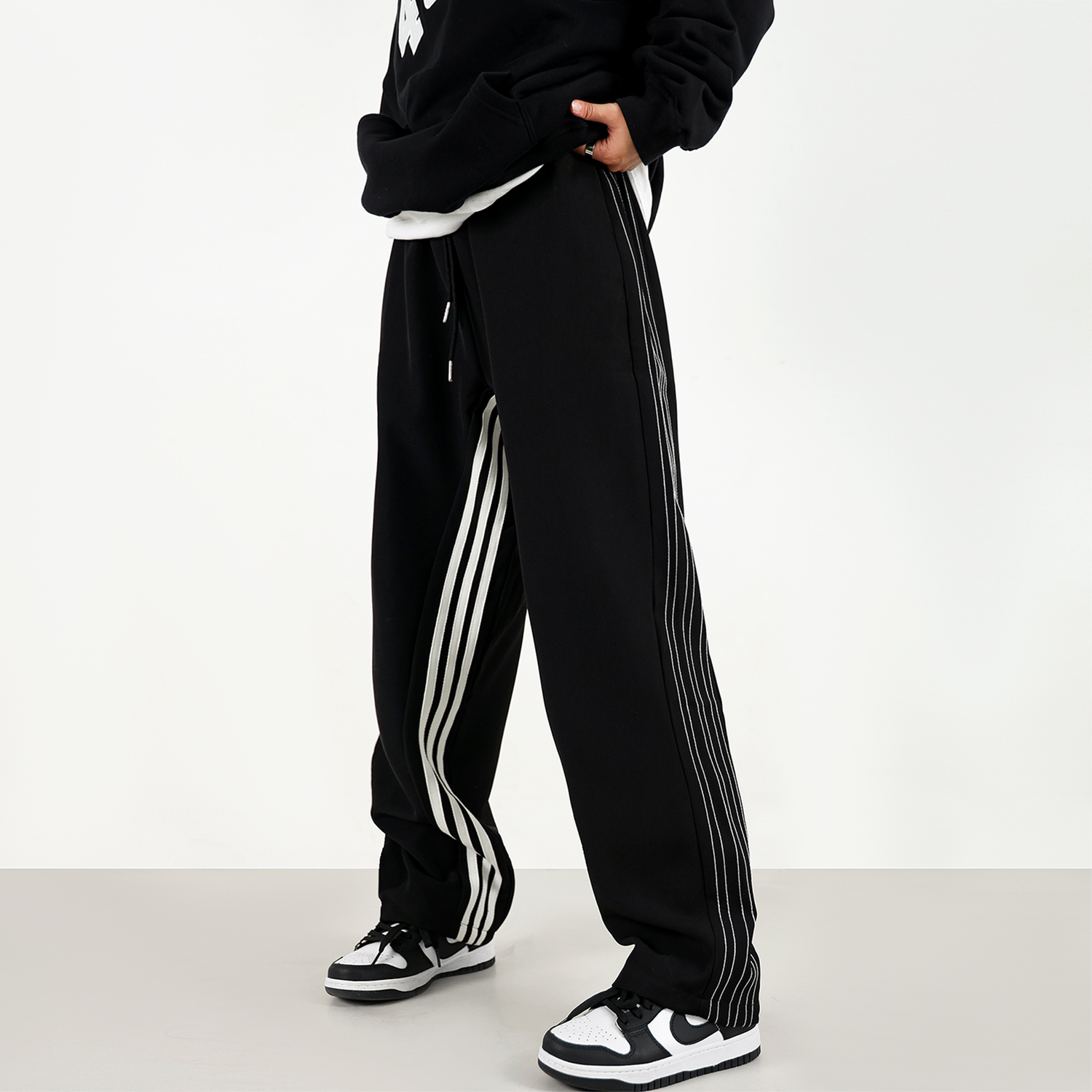 0123Start垂坠感条纹拼接直筒黑色裤子高街ins运动裤男卫裤休闲裤