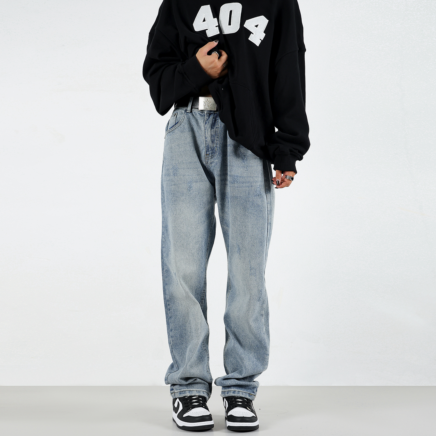 0123Start 美式街头复古浅色直筒牛仔裤男女欧美高街风小脚裤秋季