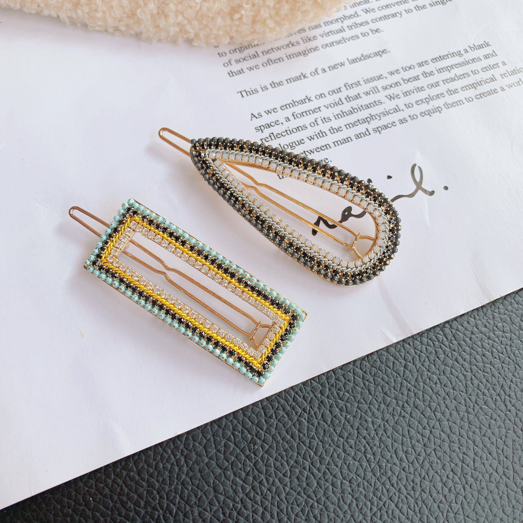 韩国东大门新款精致亮钻彩钻雨滴方形发夹刘海发饰