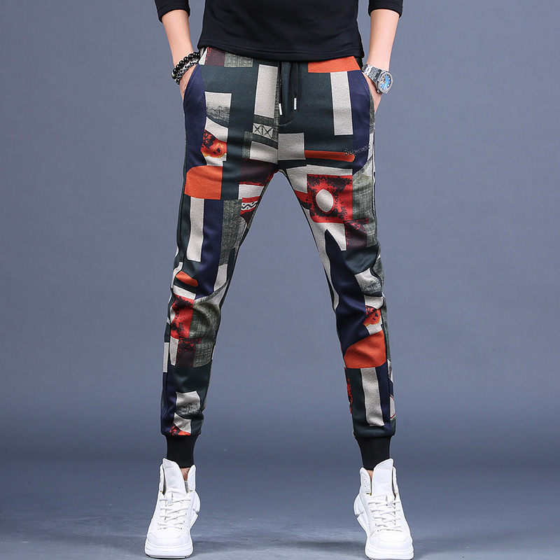 春季新款休闲男裤子韩版潮流花色束脚长裤修身小脚印花运动裤潮