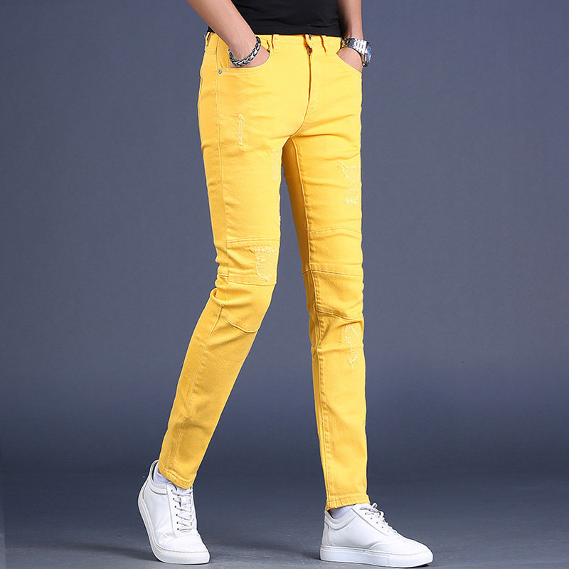 男装青年黄色牛仔裤男韩版时尚流行彩色潮流修身牛仔裤